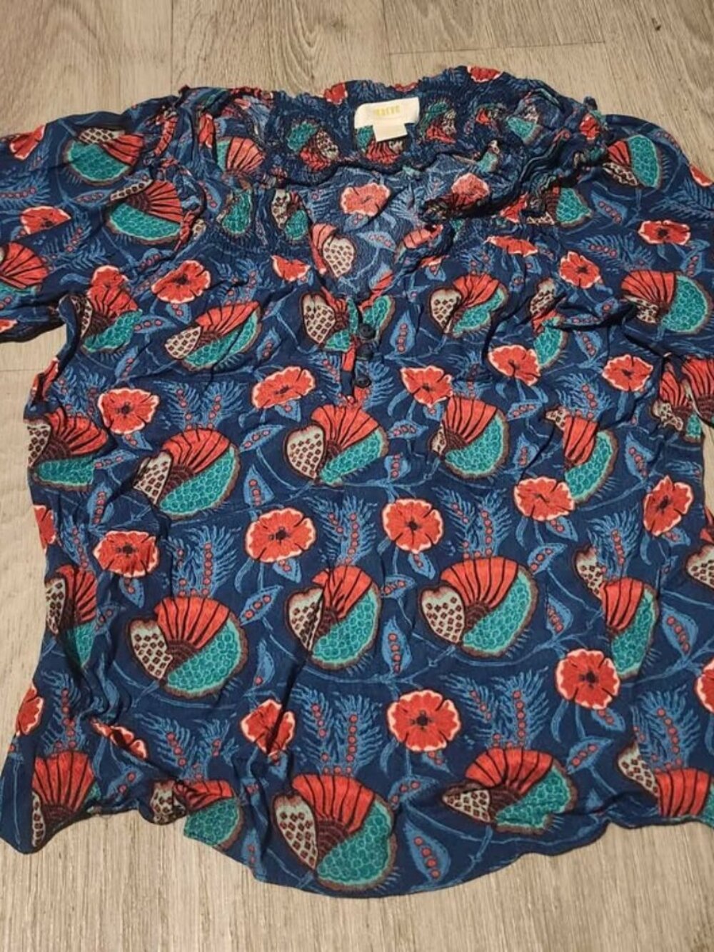 Anthropologie Maeve Letitia Smocked Blouse Medium Red Teal Blue Botanical Floral